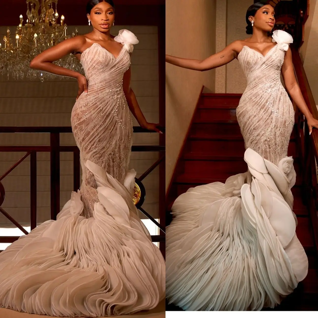 Customized Plus Size Ivory Mermaid Wedding Dresses Beaded One Shoulder Tiers Vintage Bridal Gowns Dress For Bride