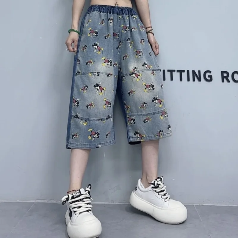 

hoodie YM Women's Summer New Mickey Print Washed Denim Shorts Vintage Casual 5-Point Harem Mid-Length Jeans Fashion Versatile