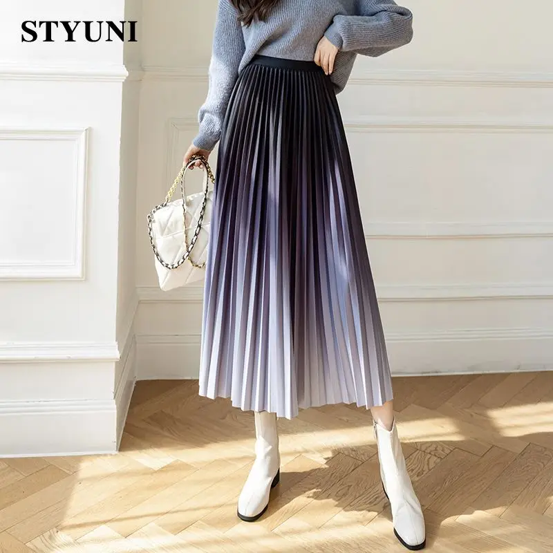 Gradient Pleats A-line Dance Party Elastic High Waist Women's Skirt Korean Fashion Loose Mid-Calf Long Skirts For Women 2022