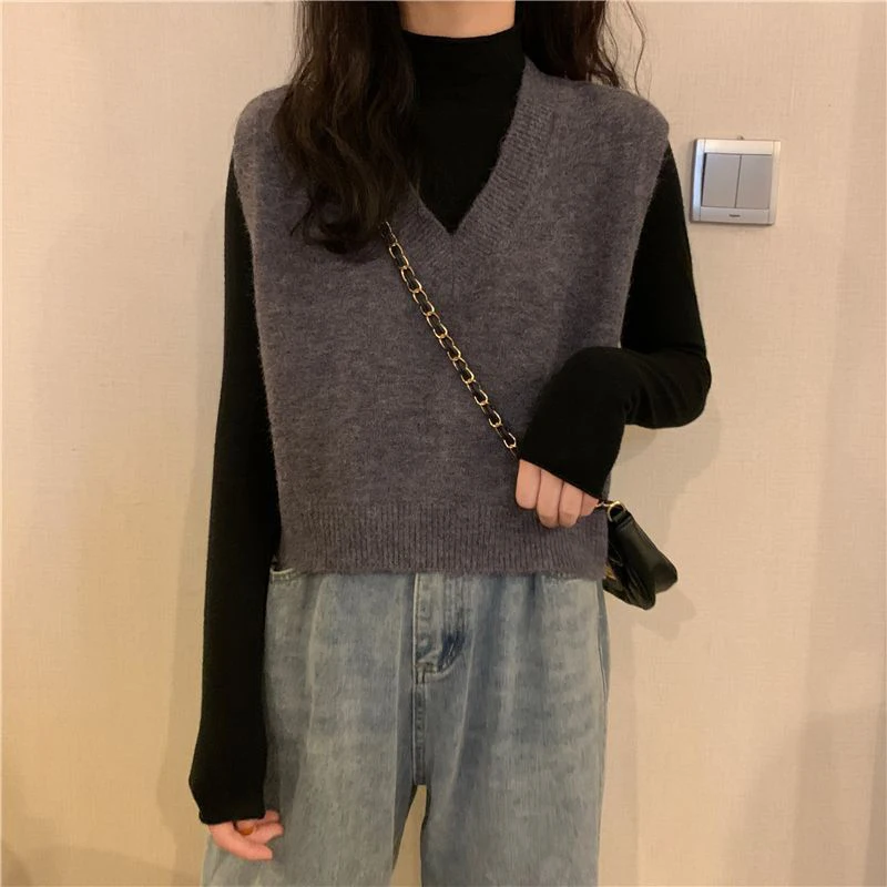 Solid Color Knitted Sweater Vest Women 2023 Autumn Sleeveless V Neck Jumpers Woman Korean Style Knit Pullovers Outside Wear