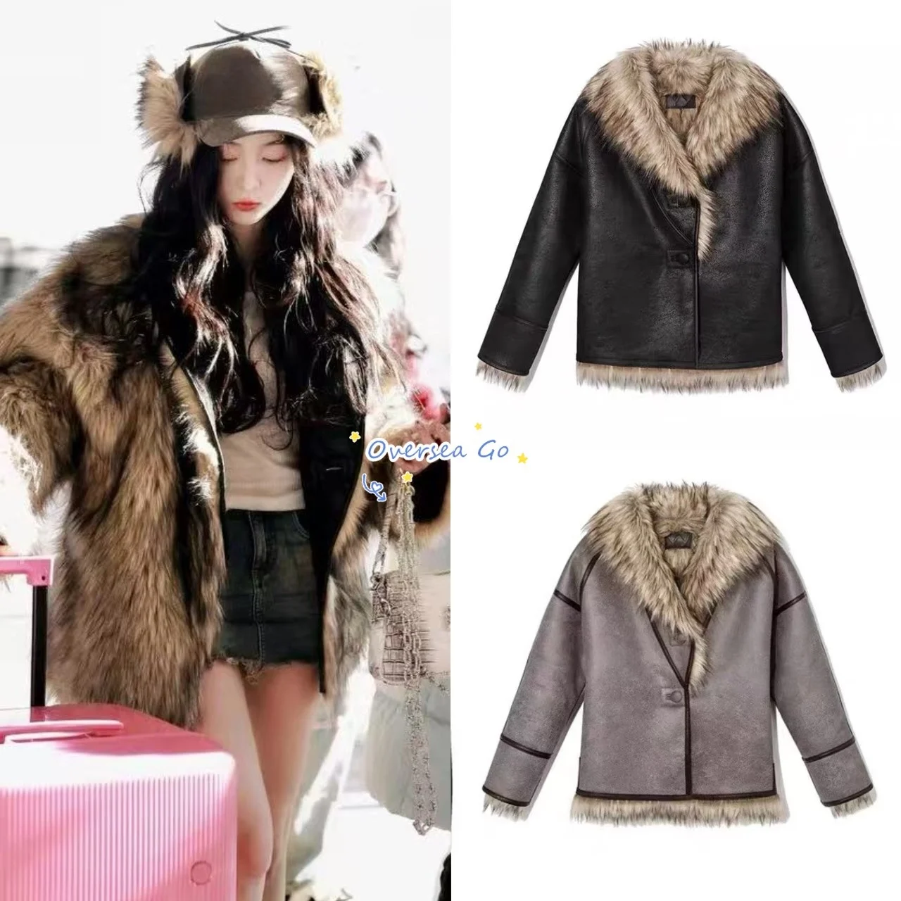 

Openyy Retro Double-Sided Wear Artificial Fur Jaet Women's Coat Warmth Polyester Long Sve V-Ne Loose Fit Outerwear