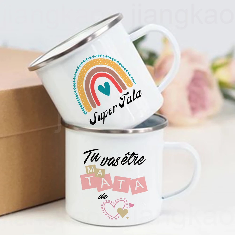 Super Tata Regenbogen Französisch bedruckte Emaille-Tasse, Kaffeetasse, Getränke, Milchbecher, Campingbecher, bestes Geburtstags- und Urlaubsgeschenk für Tante, Tante