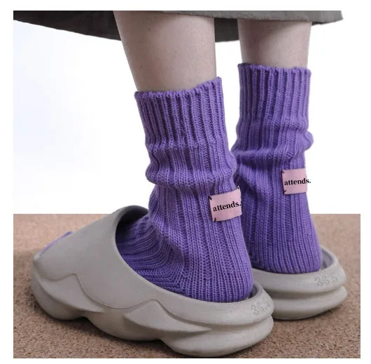 Koreanische Nadel Dicken Faden Gestrickte Mittelrohr Socken Baumwolle Japanische Rosa Label Paare SolidColor Socken Mid-rohr Warme Hause socke – Detail 13