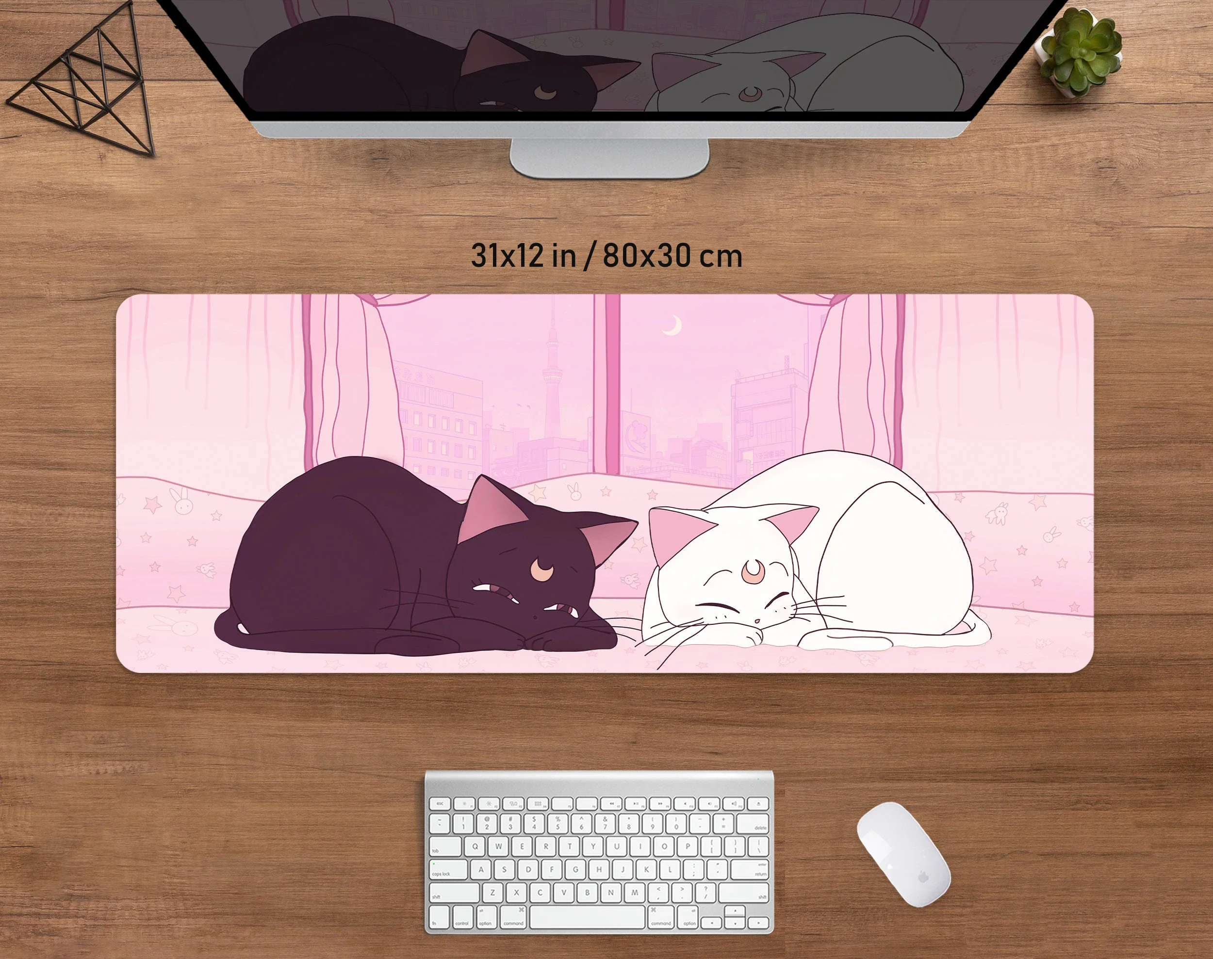 Anime Desk Mat Pink Mousepad Cute Kawaii Cats Artemis Luna Moon XXL Big Gaming Deskmat XL Pastel Peach Aesthetic Mouse Pad