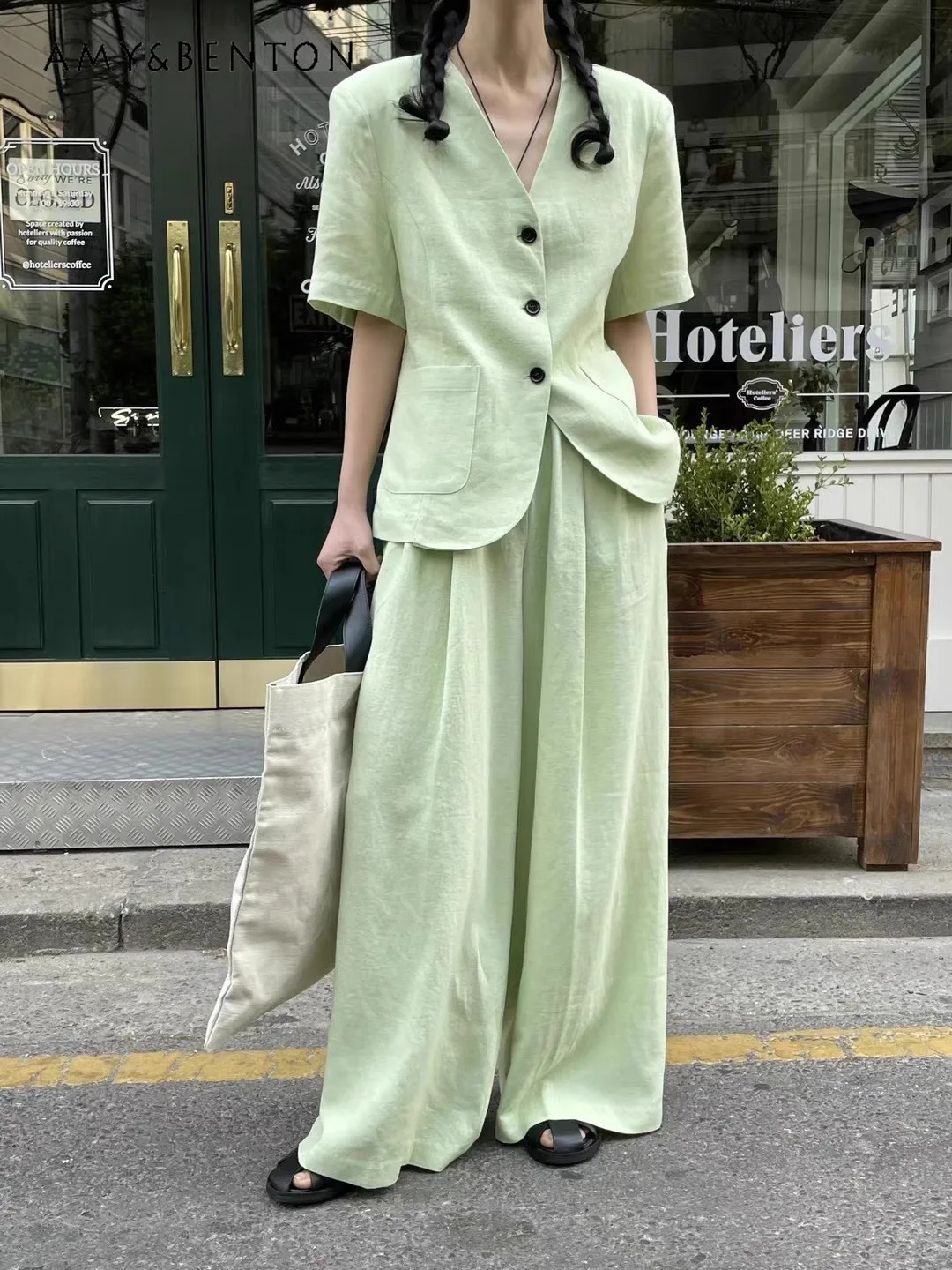 Korean Commute Style Fashion Cotton Linen Suit Women V-neck Single Breasted Short Sleeve Suit Coat Wide Leg Pants Two-Piece Set