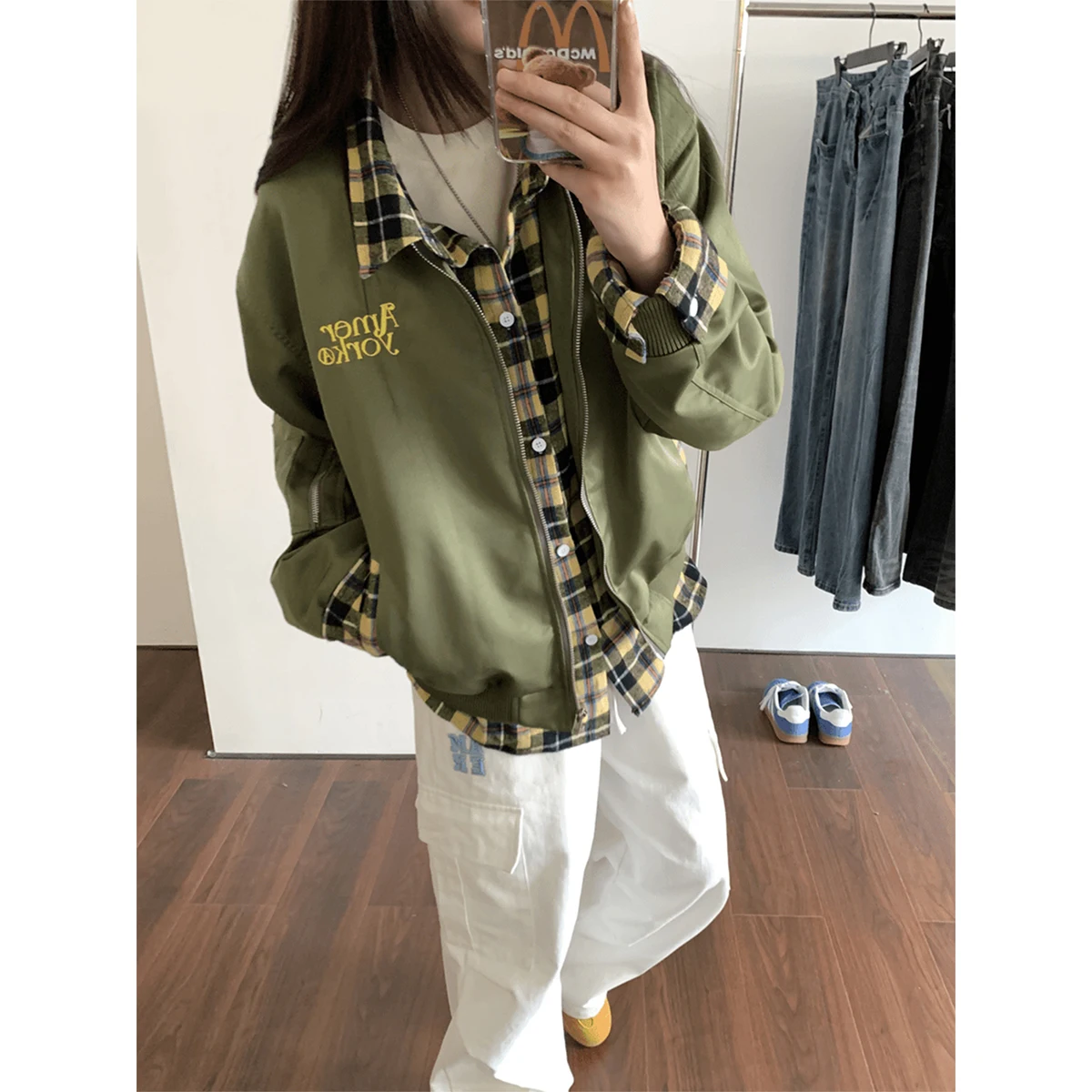

HUS Anima MA Pilot Plaid Jaet Men's Spring Autumn American Retro College Sle Fake Two-Piece Outerwear