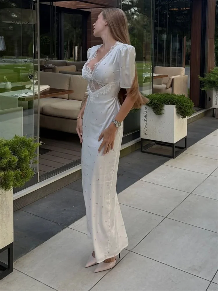 

Tossy Fashion V-Neck Lace Long Dress For Women Hollow Out Elegant Short Sleeve Satin Patchwork Dress Female Party Dress Summer