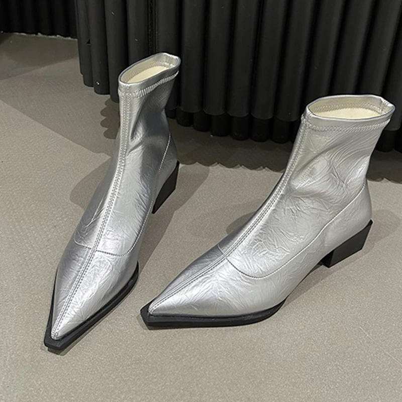 

Fashion Women Boots Silvery Pointed Toe Women Shoes Designer Luxury Dress Ankle Boots Elegant Cozy Women Short Boots Botas Mujer