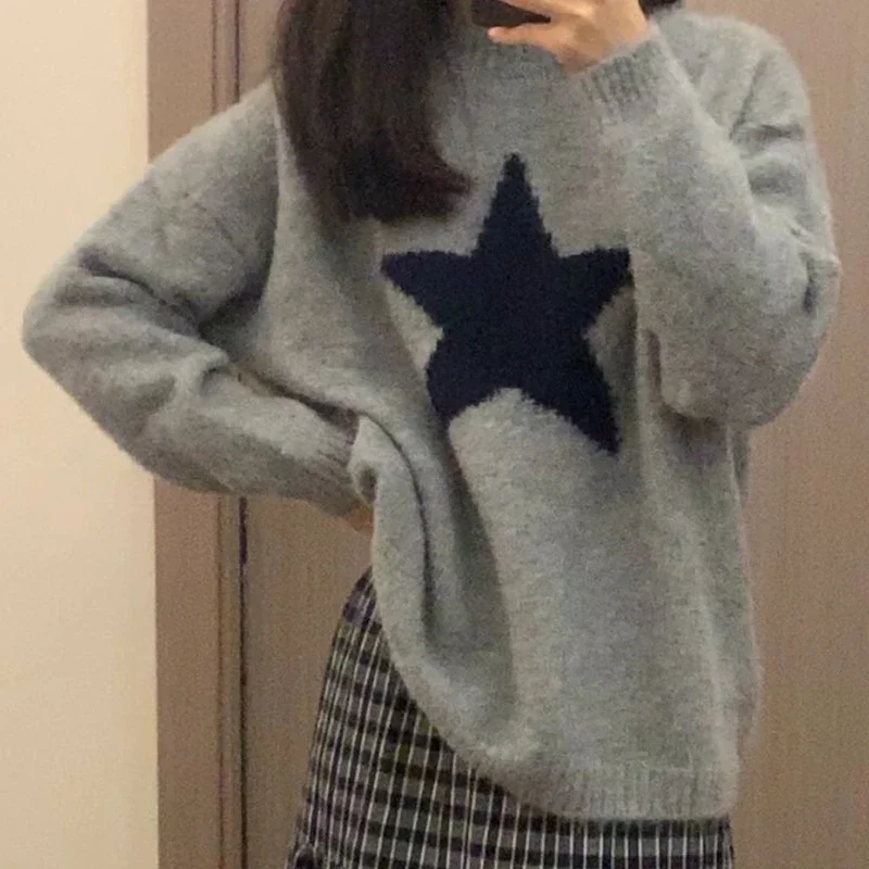 Gray Autumn Pullovers Women Simple Vintage Star Print Japanese Style Soft Lazy O-neck Casual Sueter Mujer All-match Knitted Chic