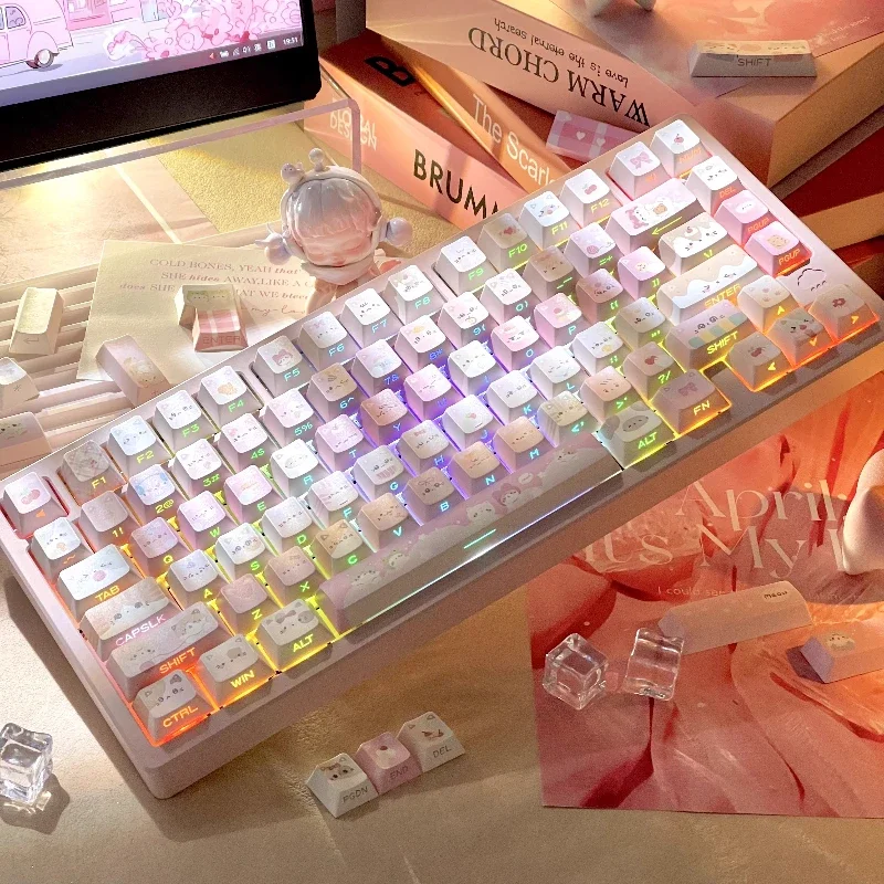 Cat Meow Team Keycaps Custom PBT Cherry Profile Keycap Side Carving Transparent Mechanical Keyboard Tri-mode RGB Hot-swap Gasket