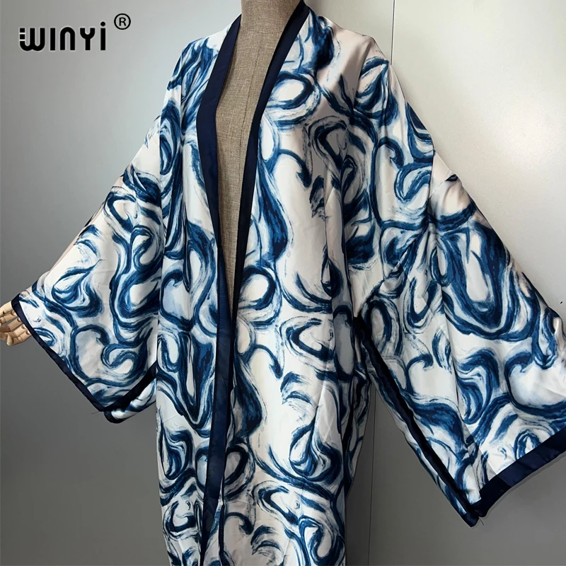 WINYI Bohemian cardigan dress Africa Kaftan beach outfits woman Summer silk feeling Kimono beach cover up abaya dubai luxury