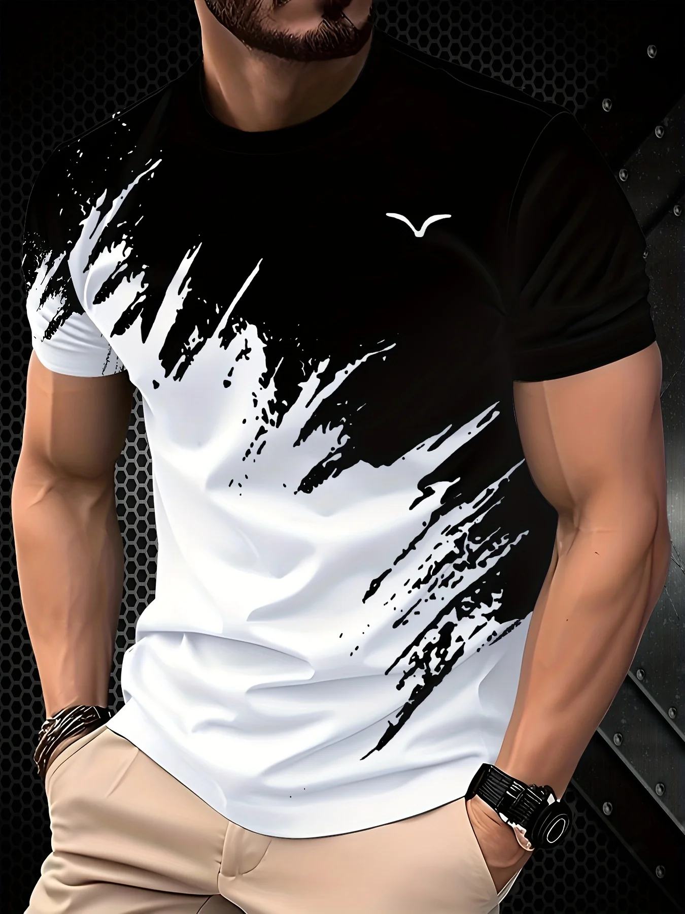 

The 2025 summer new black and white gradient casual, fashionable, soft, comfortable, lightweight 3D printed men's T-shirt