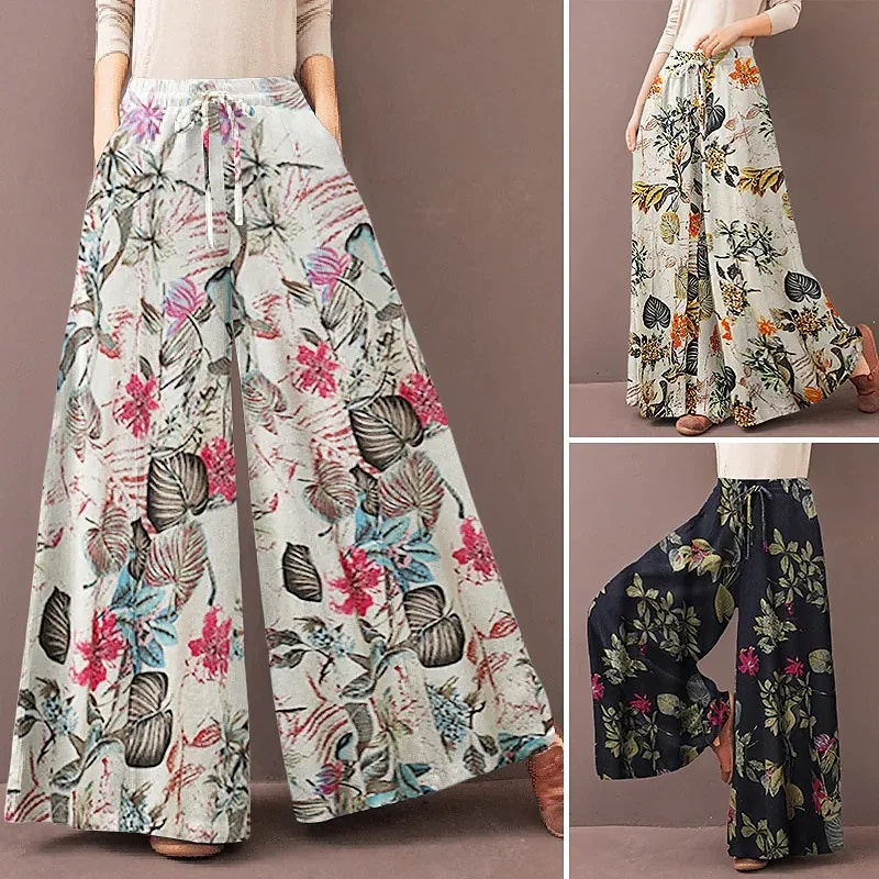 

Printed wide-leg pants for women with elastic waist, casual style and floral patterns