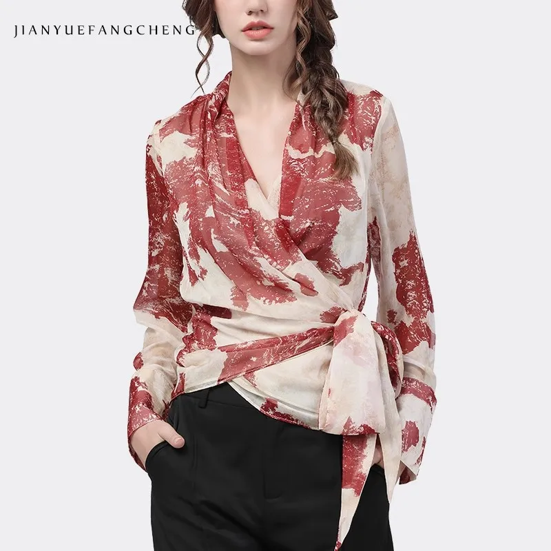 Fashion Women\' Long Sleeve Red Printed Chiffon Blouse For Spring Summer Asymmetrical V-Neck Lace-up Shirt Tops