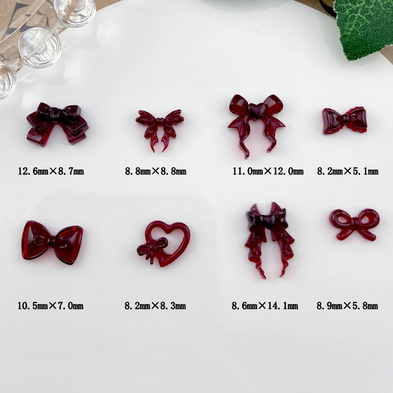 20Pcs Wine Red Resin Bow Nail Charm Bulk Mix Size 3D Ribbon Bowkont Mini Kawaii Nail Art Accessories DIY Cute Nails Decorations