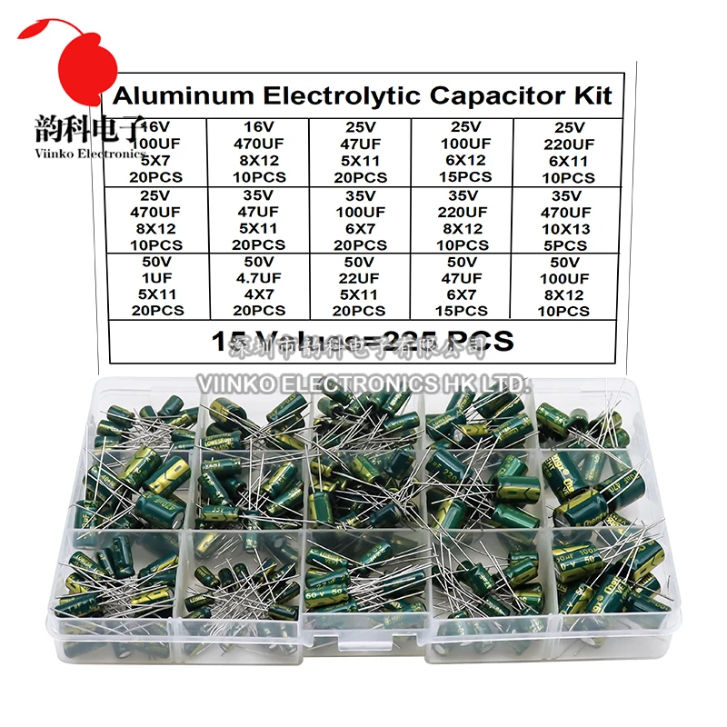 225pcs/Box High Frequency Low ESR Aluminum Electrolytic Capacitor Kit 15Values 16V-50V 1uF-470uF Capacitance DIP Assorted Set