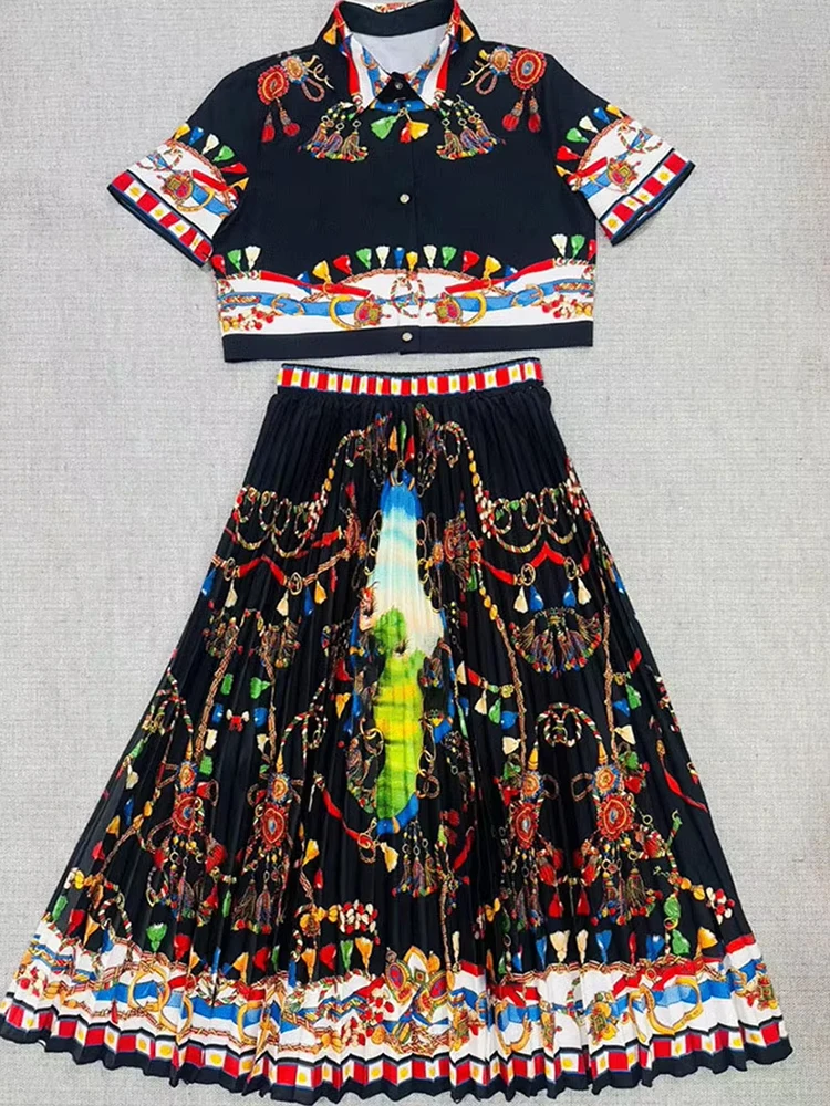 2026 Summer Printed Women's Suit Single-breasted Short-sleeved Bare-bellied Top+High-waisted Pleated Skirt Fashion Two-piece Set image 4