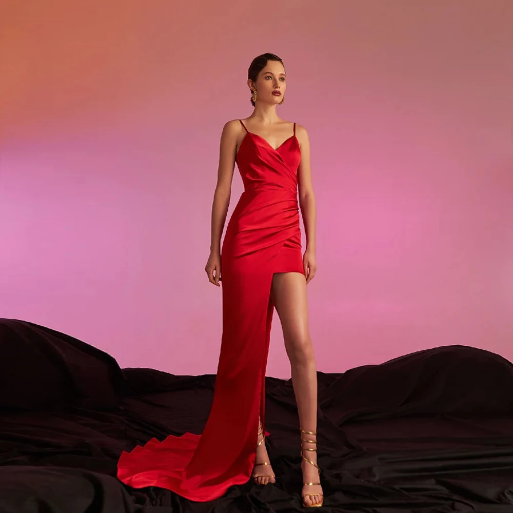 

Simple Red Cocktail Dresses Spaghetti Strap Sleeveless Prom Dress Pleat Party Gowns Back Lace-up Taffeta فساتين مناسبة رسمية