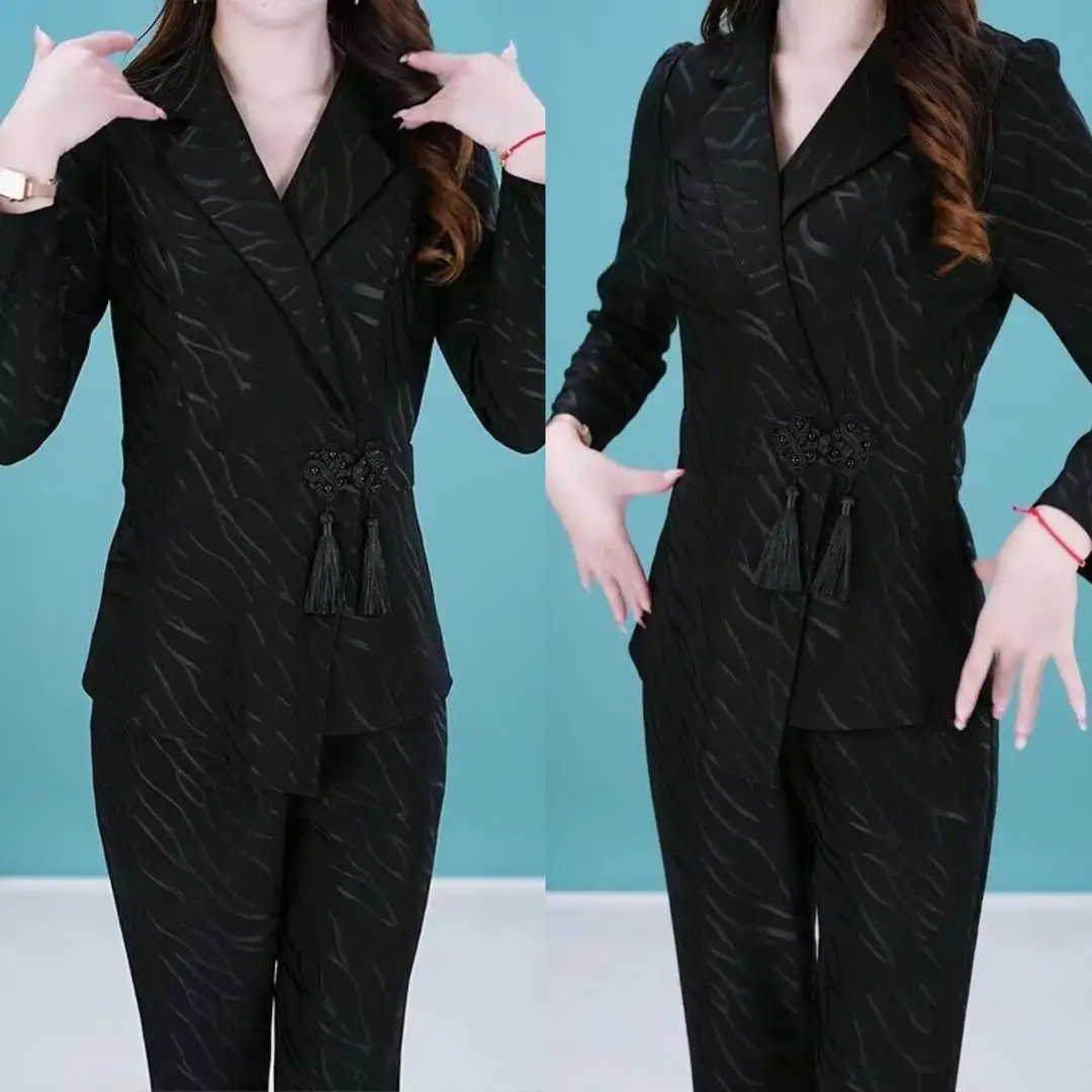 Fashion Jacquard Suit Collar Professional Set for Women's 2024 New Spring Fashionable Style Slim Wide Leg Pants 2-piece Set
