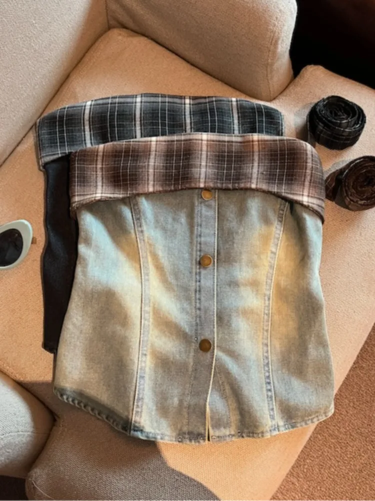 

Summer Plaid Splice Denim Tube Top Women's Short Style Slimming Baring Shoulder Short Shirt Versatile Outerwear Citywalk Skin...