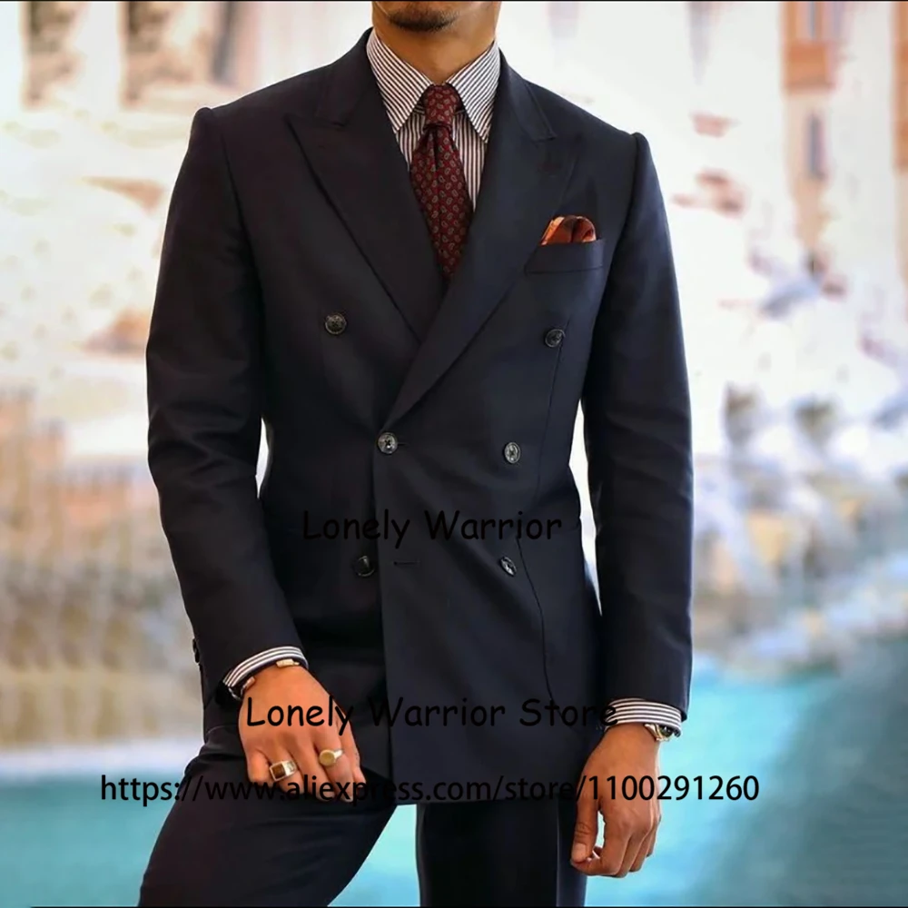 

Handsome Navy Blue Men Suit Double Breasted Business Blazer Slim Fit Wedding Groom Tuxedo 2 Piece Set Costume Homme Jacket Pants