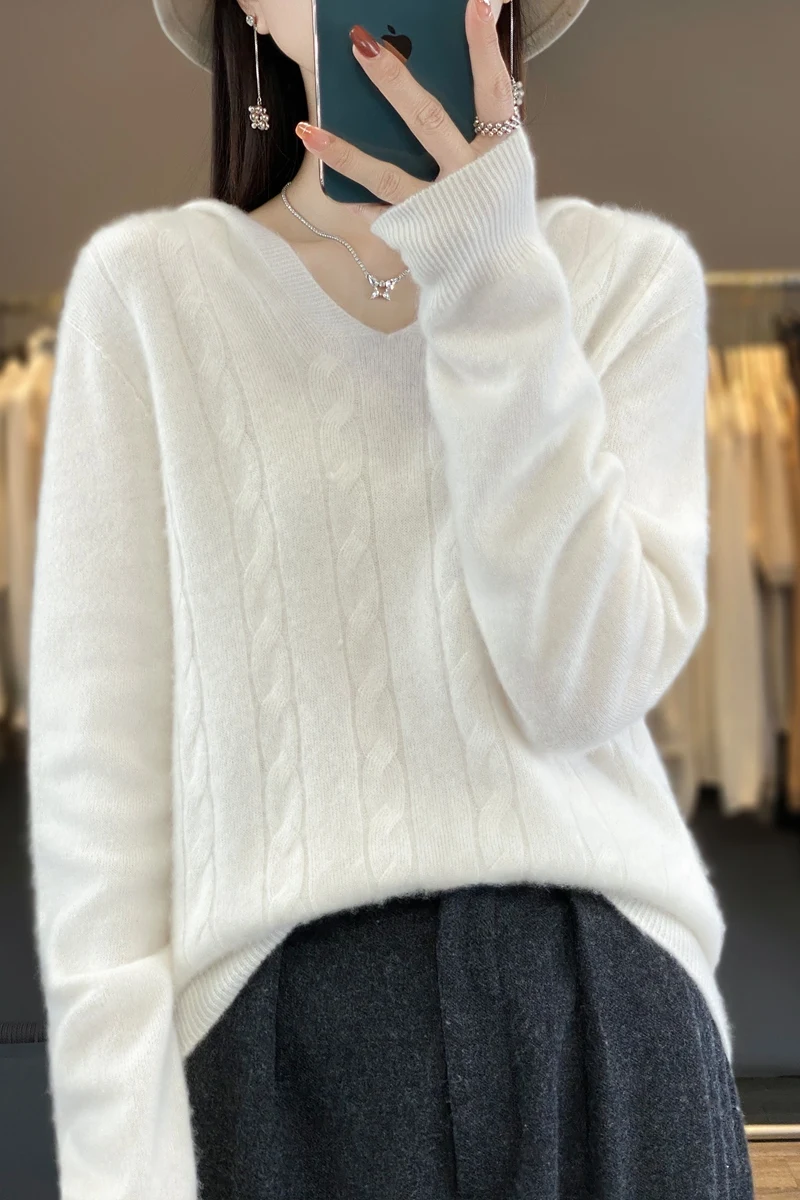 Suéter 100% de lana merina para mujer, jersey retorcido con cuello con capucha, prendas de punto de Cachemira para otoño e invierno, Tops de manga larga