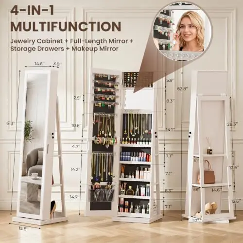 4-In-1 Jewelry Cabinet Jewelry Armoire Lockable Standing, White | Jewelry Organizer with Storage, Full-Length Mirror, 3