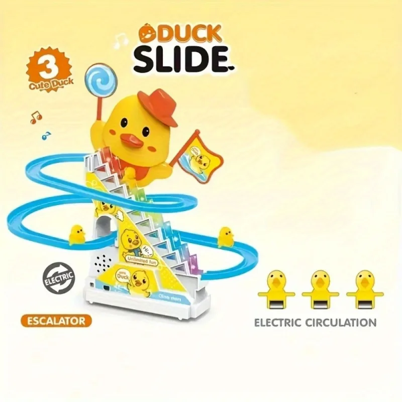 

Slide Small Yellow Duck Climbing Stairs Assembly Track Toy Electric Slide Track Roller Coaster Toy with Light Music,for Children