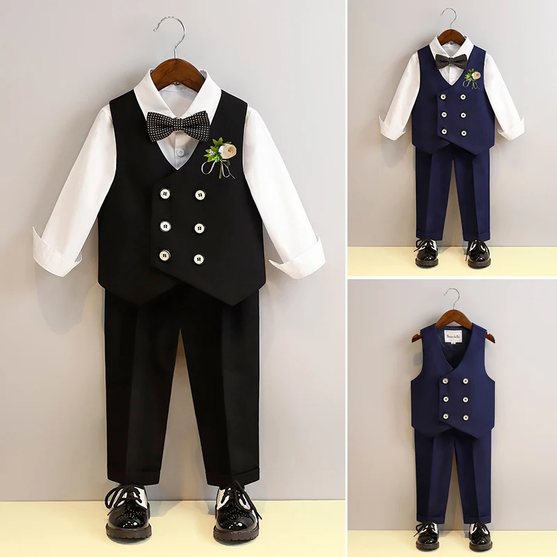 

Boys Vest Suit Set Elegant Gentleman Black Tuxedo 2 To 12 Years Children Wedding Outfits Formal Kids Piano Performance Costume