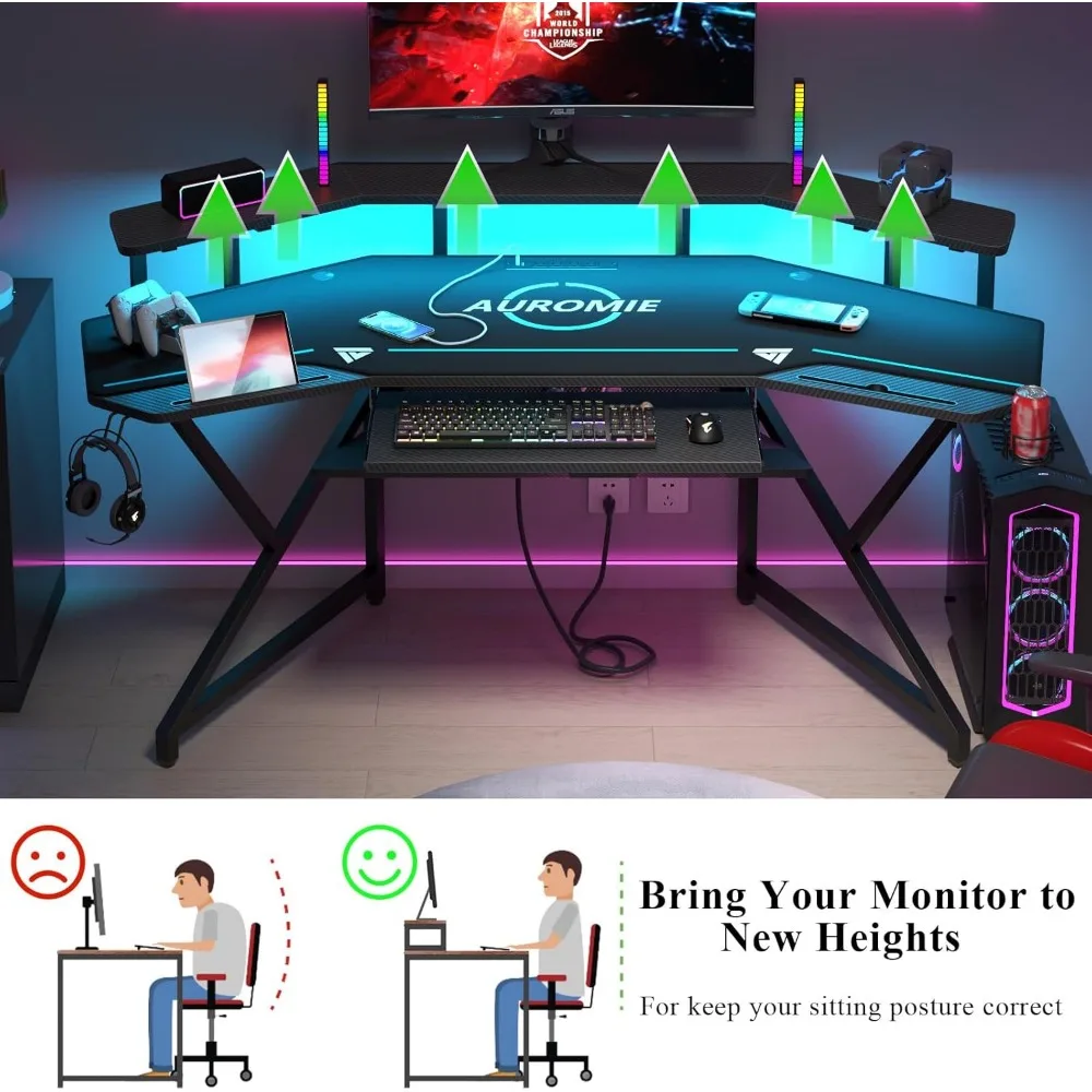 Gaming Desk with Power Outlet & LED Light, 72" Large Wing-Shaped Computer Desk w Monitor Stand & Keyboard Tray & Full-Size Mouse