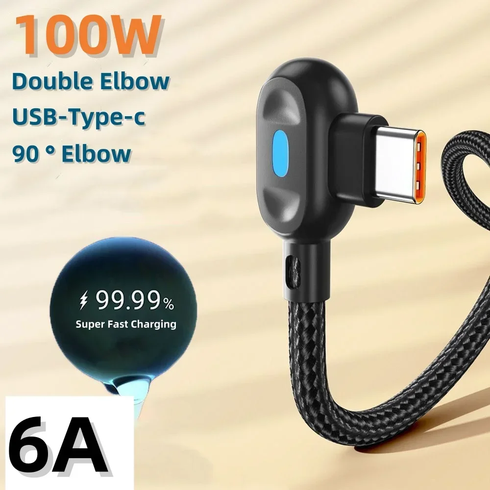 100W USB To Type C Fast Charging Cable 90° Double Elbow Bend Mobile Game Fast Charging Cable For Xiaomi Huawei With LED 0.25m/1m