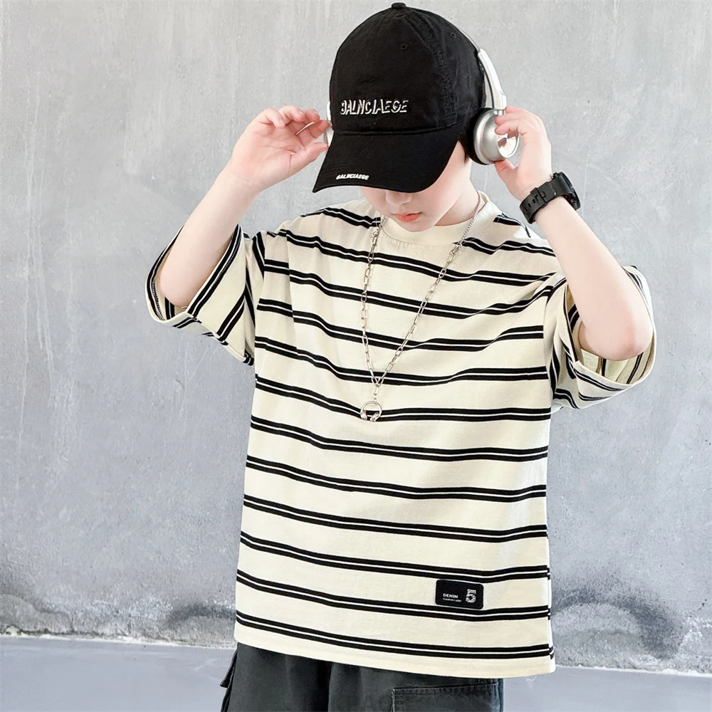 2026 New Summer Teen Boy Short Sleeve Striped T-Shirt Outfits Tops Kids Children Cotton Tshirt Tee Tops Age 5 6 7 8 9 11 13 14 Y