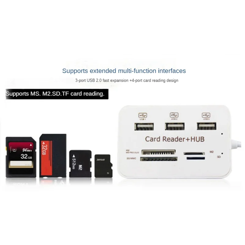 7 in 1 Portable Multi Function 3 Port USB HUB 2.0 Splitter Combo Card Reader Support TF SD M2 SDHC Card Read