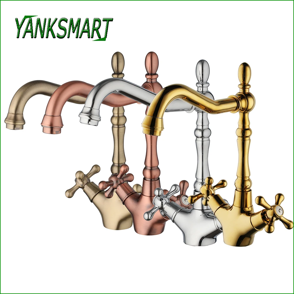 

Смеситель для ванной комнаты YANKSMART с 2 крестовыми ручками, поворотный на 360 градусов, смесители для раковины, кран для горячей и холодной воды, смесители для раковины с креплением на раковину