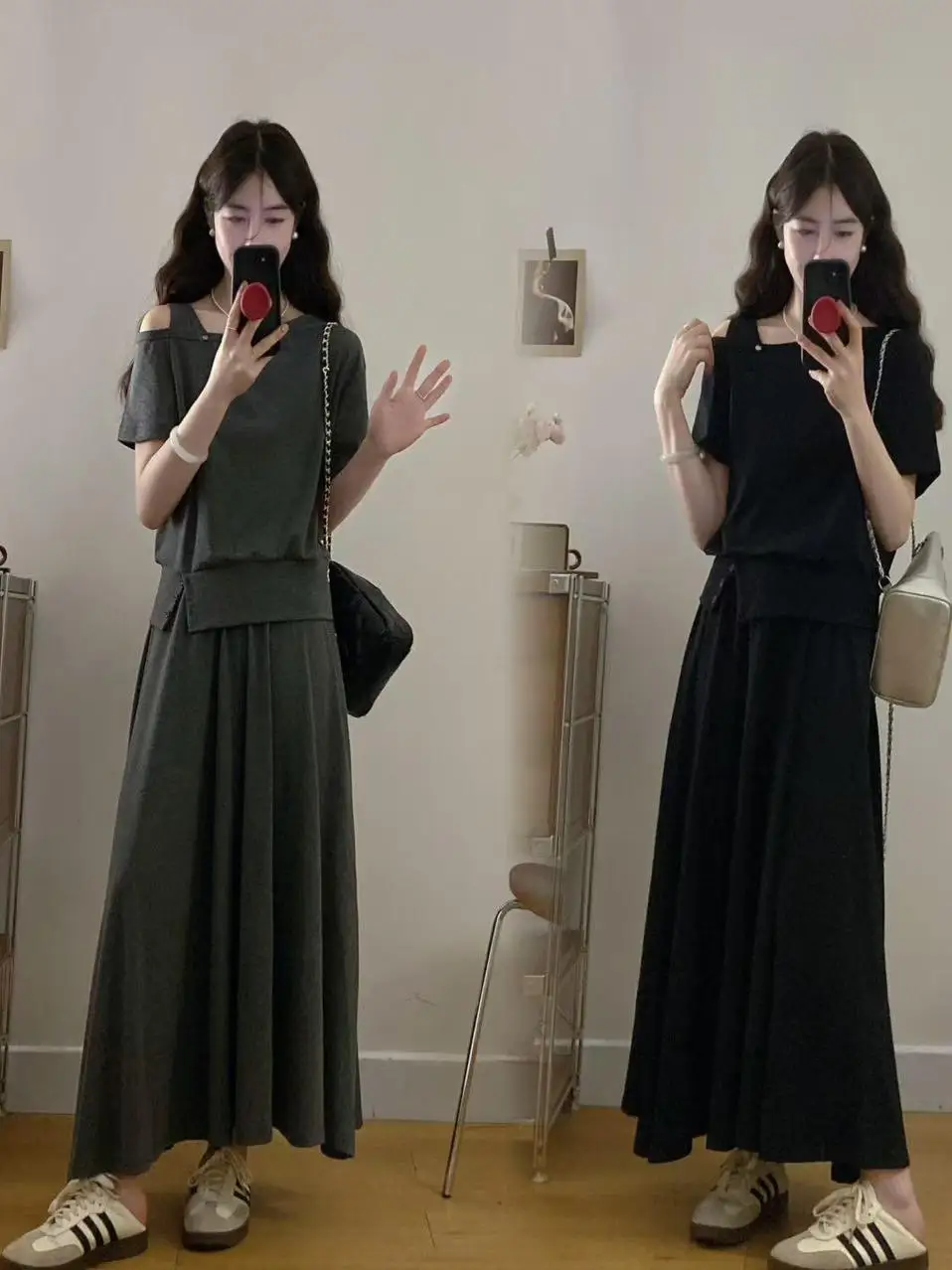 

Summer New Fashion Asymmetrical Design Shoulder Bared Short Sleeve T Shirt High Waist Skirt Casual Two Piece Set Women