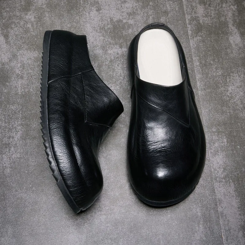 Designer Luxury Genuine Leather Slip on Slippers Men's Loafers Work Walking Casual Leather Shoes Male Outdoor Flats Mules view 3