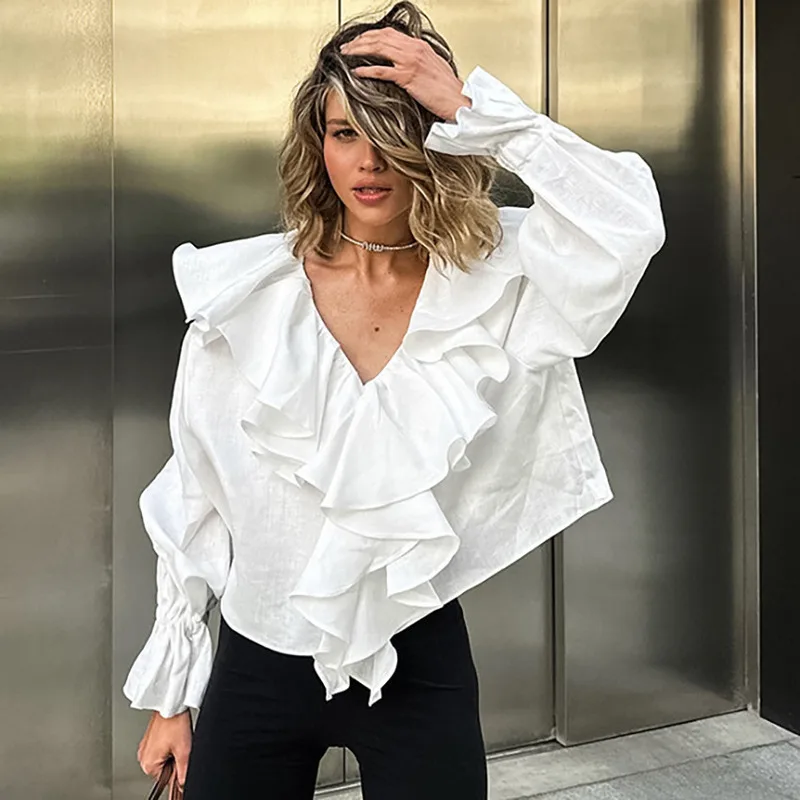 Ashion Loose White Cotton Women's Shirt 2024 Casual V-neck Long Sleeve Office Shirts Elegant Ruffle Top Female Clothing