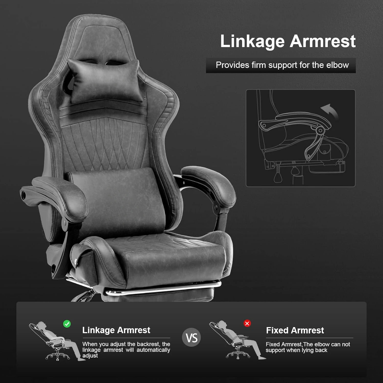 Ergonomic design of gaming chair backrest, compatible with Bluetooth gaming chair, grey