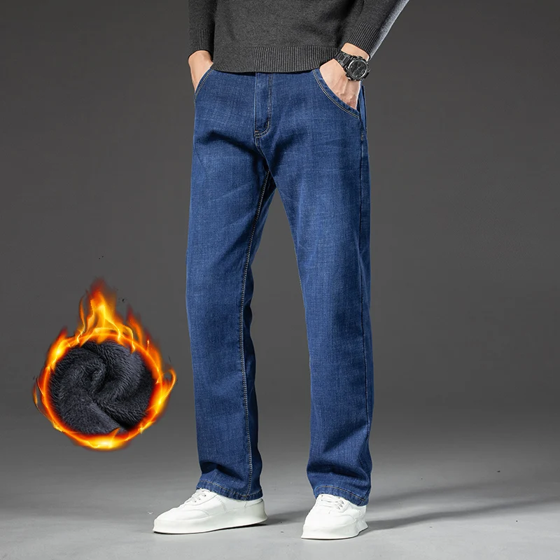 تمتد الصوف الجينز الرجال شتاء الأعمال الجديدة مريحة سميكة المخملية سراويل جينز موضة مستقيم عادية الذكور أفخم بنطلون
