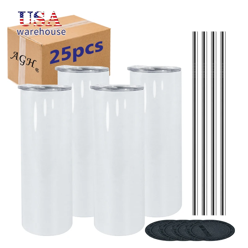 25 шт. в упаковке, 20 унций, сублимационный белый стакан с двойными стенками из нержавеющей стали, прямой узкий стакан с пластиковой металлической соломой и резиновым дном Hu