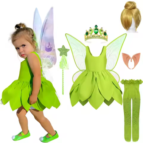 2025 Toddler Girl Halloween Cosplay Tinker Bell Costume Christmas Carnival Fancy Girl Party Green Elf Wing Fairy Princess Dress