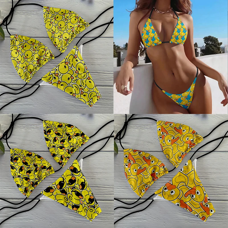 

Cartoon yellow duck bikini beach surfing vacation ladies bikini halter low waist sexy card 3D printed swimsuit two-piece suit