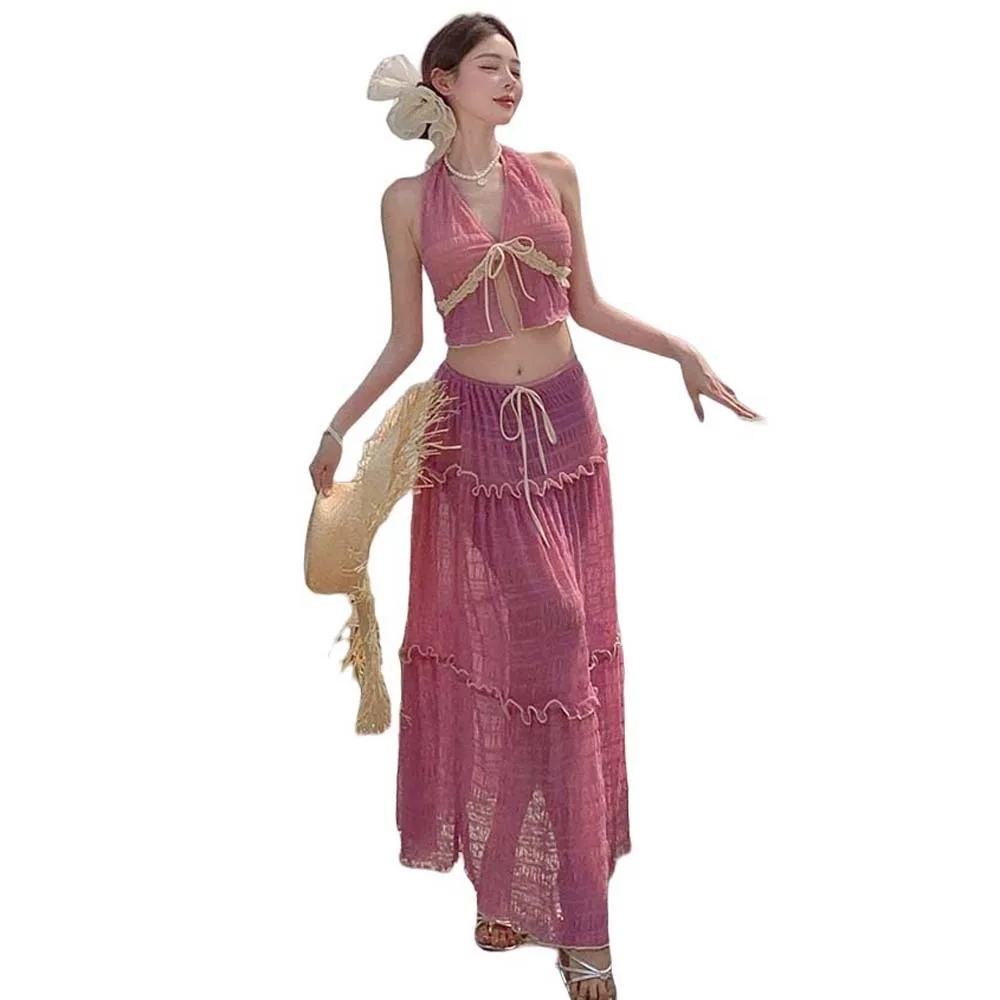 

Бикини Холтер Купальник Юбка Комплект Камзол Пляжная Одежда Длинная Юбка Купальный Костюм Оборками Висячий V-образный Вырез