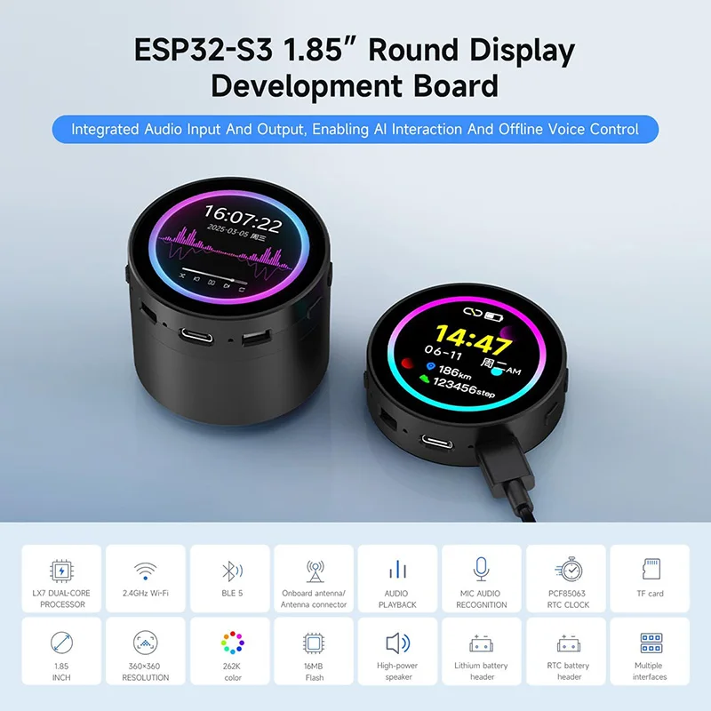 Waveshare ESP32-S3 1.85inch Round LCD Development Board 360x360 AI Speech Speaker Box ESP32 Display for Arduino IDE ESP-IDF