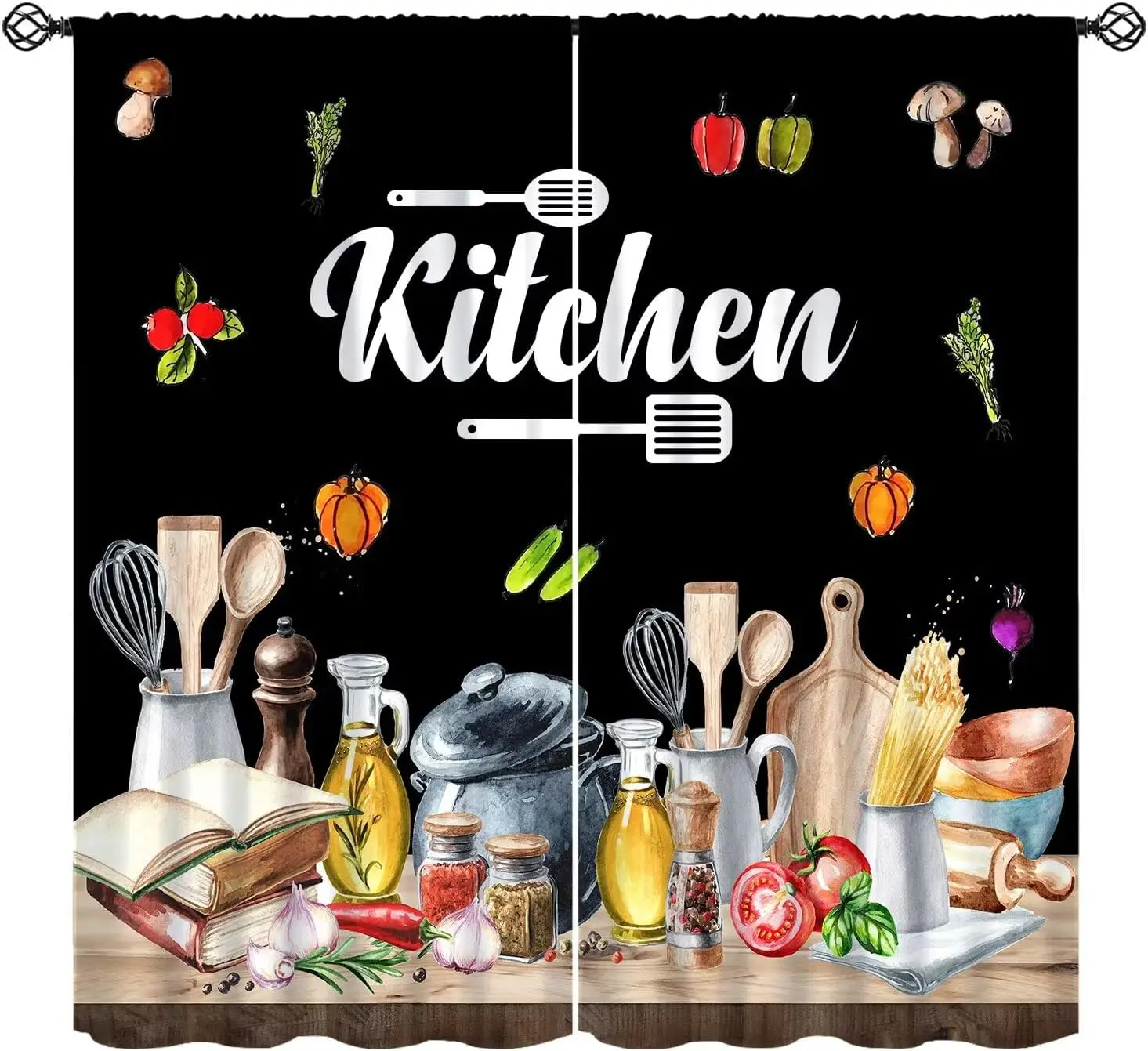 Retro Kitchen Curtains, Vintage Fruits Vegetables Tableware Cooking Theme Window Drapes for Cafe Restaurant Living Room