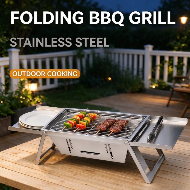 Stainless Steel Folding Charcoal BBQ Stove, Compact Small Barbecue Rack, Portable Grill for Household Outdoor Camping & Skewer