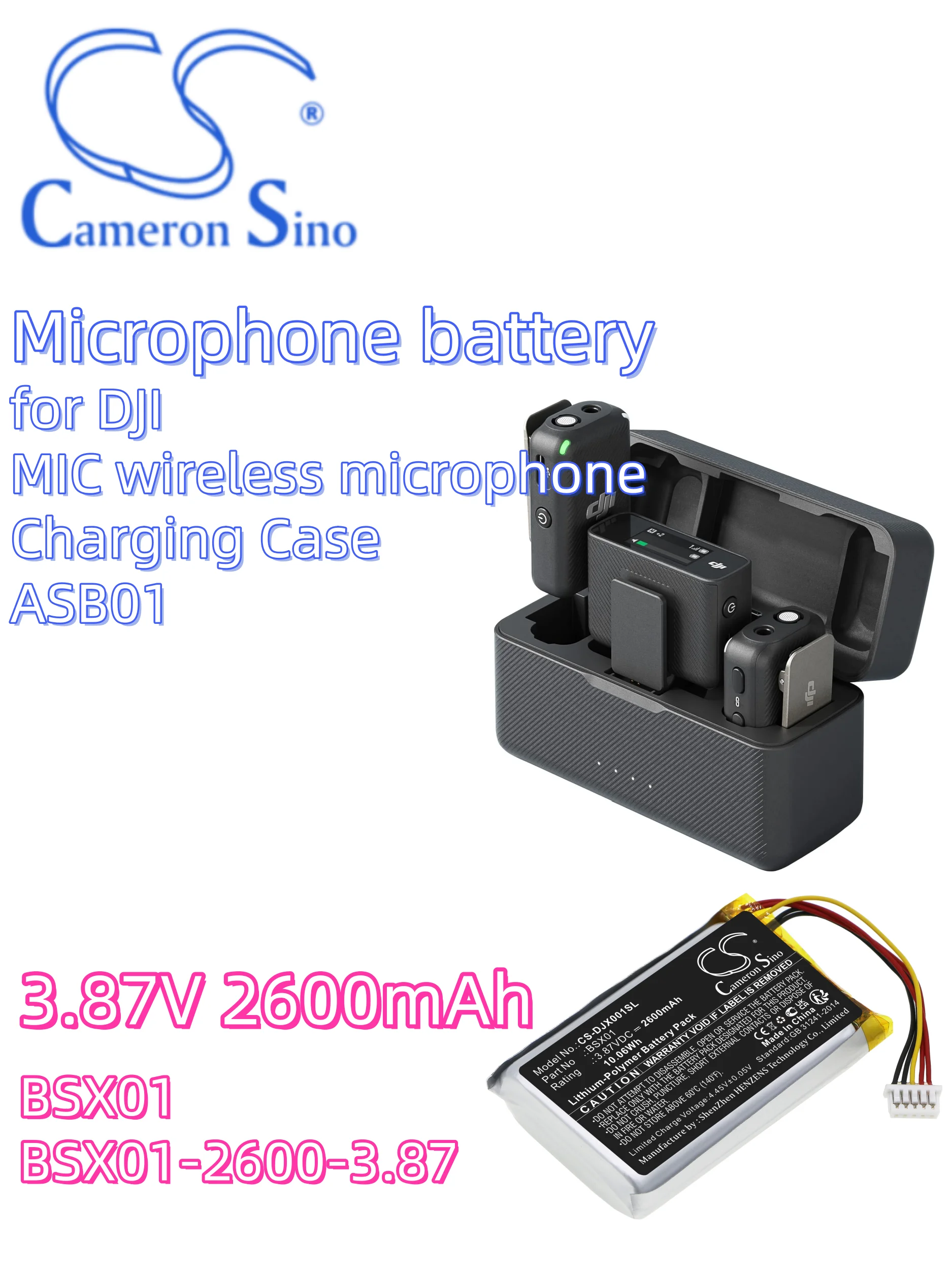 battery Cameron Sino batteries Microphone 3.87V 2600mAh for DJI MIC wireless microphone Charging Case ASB01 BSX01