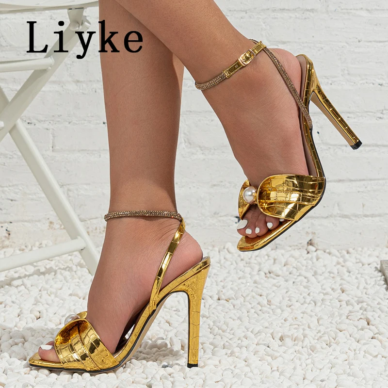 Liyke 2024 New Fashion Pearl Leather Narrow Band Women Sandals Sexy Snake Print Square Toe Crystal Rhinestone Shoes High Heels