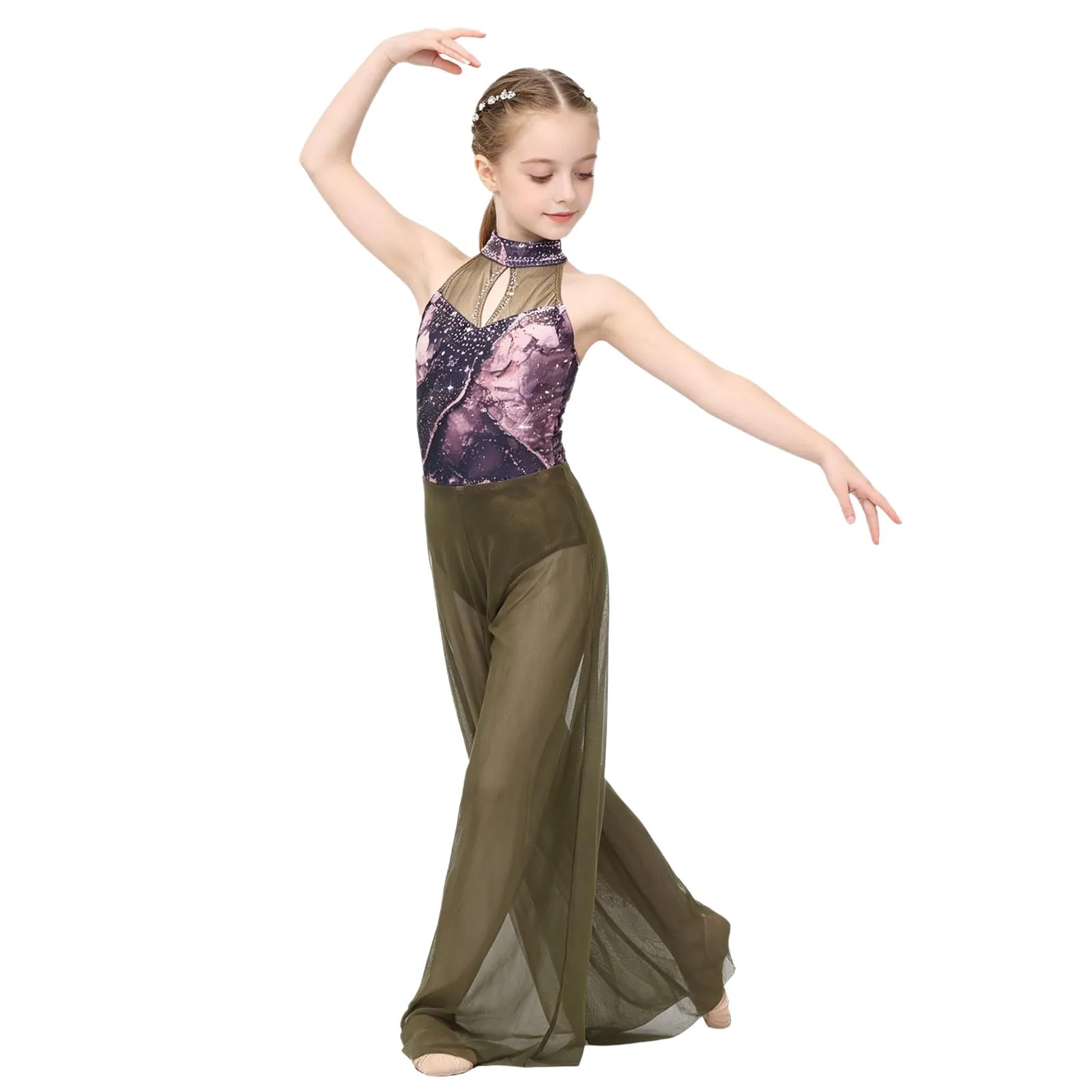 6-16Y Girls Modern Lyrical Dance Jumpsuit Sleeveless Sheer Shiny Mesh Print Figure Skating Ballet Gymnastics Acrobatics Leotard