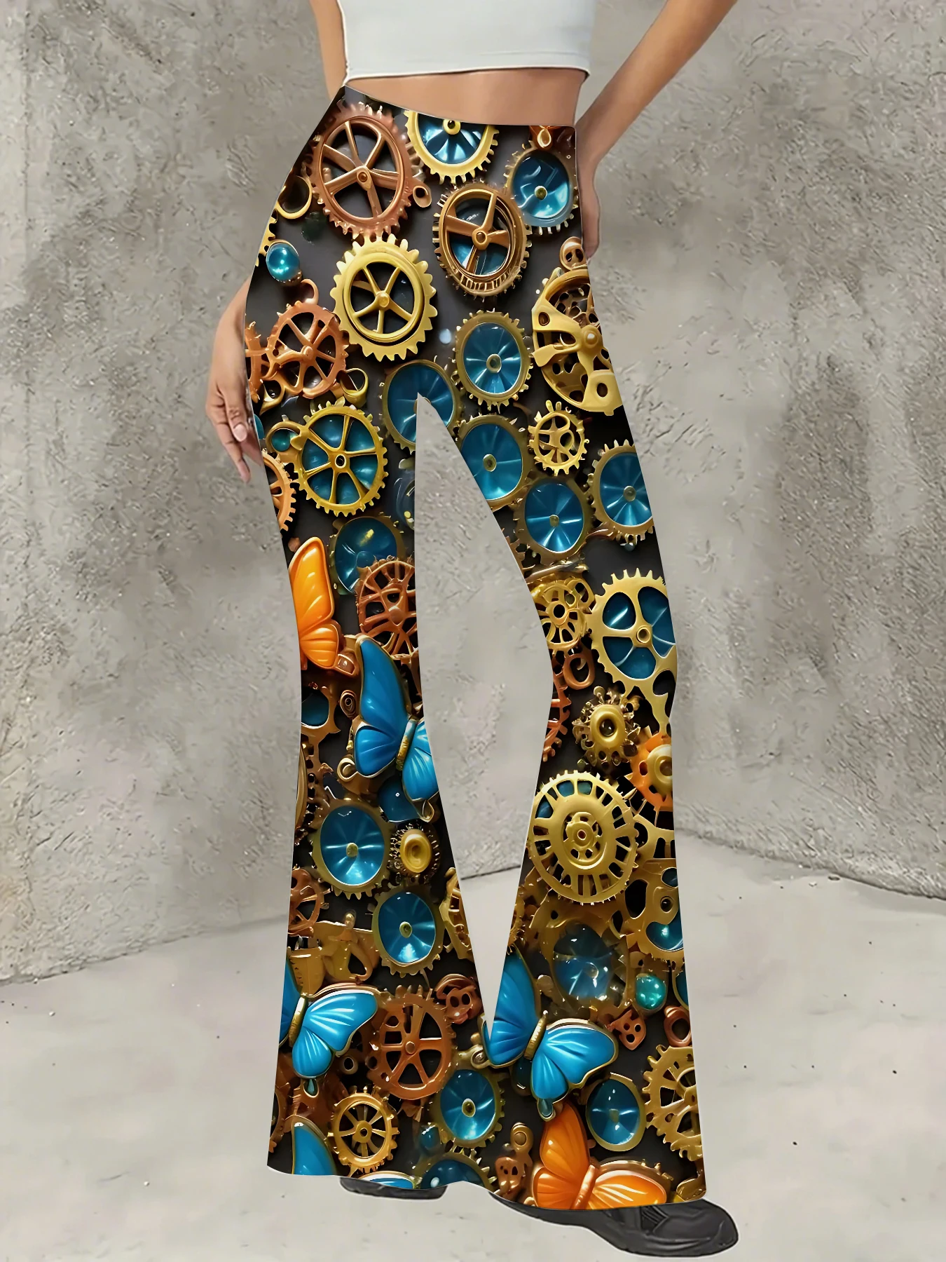 

Korean Style Printed Flare Pants Women High Waist Slim Fit Bell Bottom Leggings